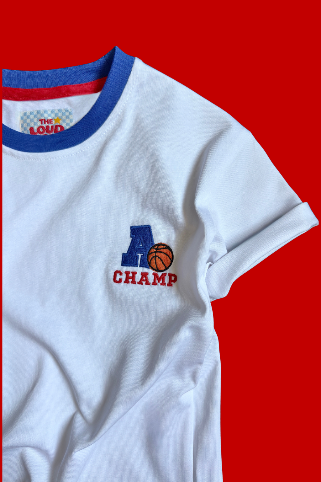 Boys White Embroidered T-Shirt with Blue Rib Neck