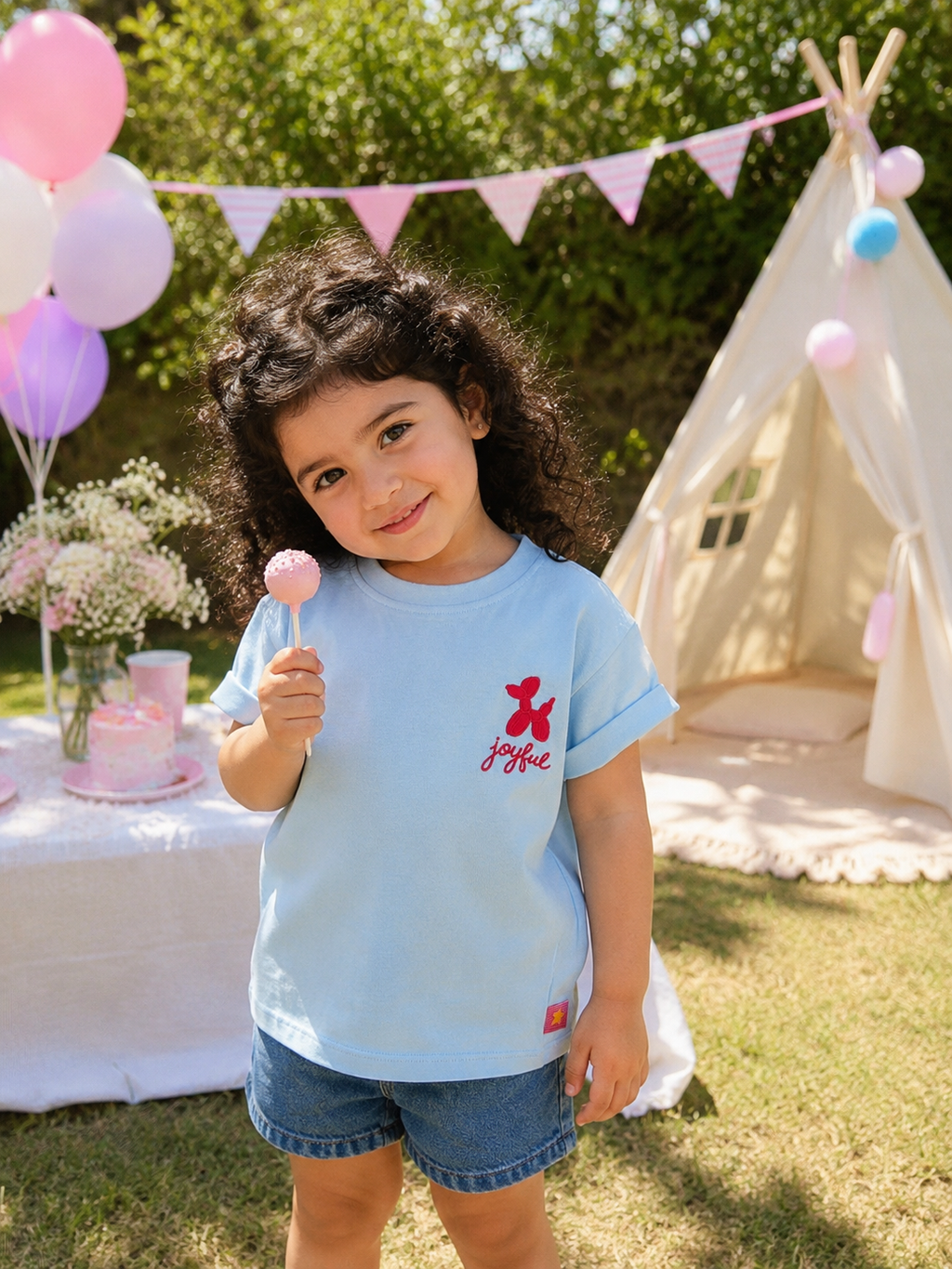 Girls Light Blue Embroidered T-Shirt