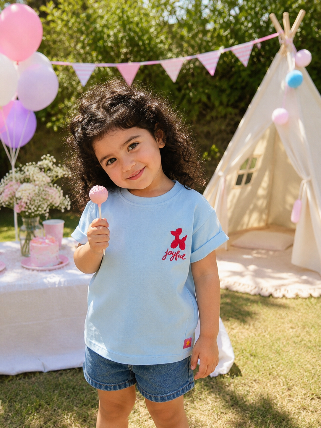 Girls Light Blue Embroidered T-Shirt