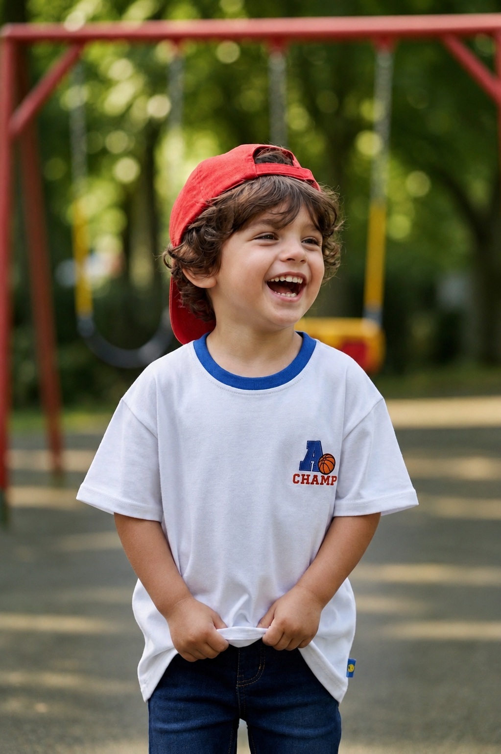 Boys White Embroidered T-Shirt with Blue Rib Neck