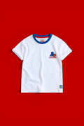 Boys White Embroidered T-Shirt with Blue Rib Neck