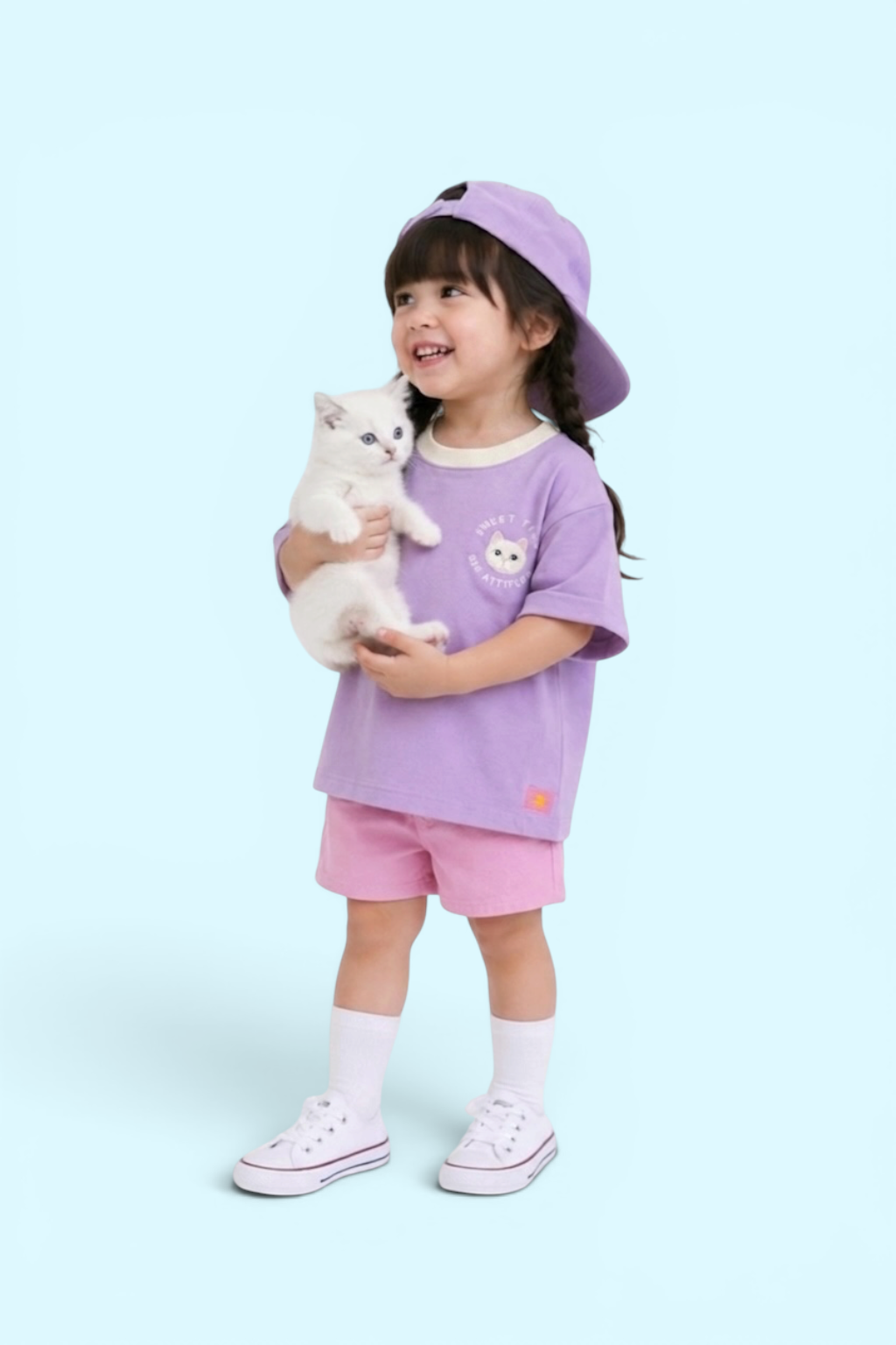 Girls Lilac Embroidered T-Shirt with Off-White Rib Neck